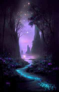 an image of a fantasy forest scene with stars and moon in the sky above water