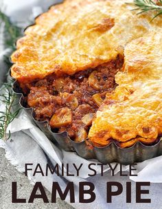 an image of a meat pie with the words family style lamb pie on it's side