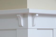 the corner of a white cabinet with two handles