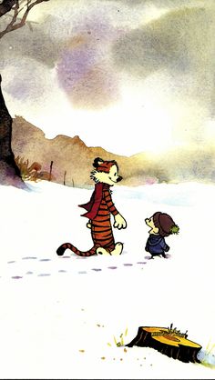 an image of a cartoon scene with a boy and cat in the snow near a tree