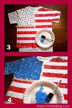 an american flag shirt made out of paper plates with paint and a brush on it