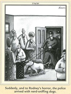 a cartoon depicting a police officer walking his dog in front of other people and talking to each other