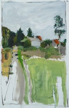 an abstract painting with trees and houses in the background