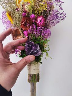 a hand holding a bouquet of flowers in front of a white wall with purple and yellow colors