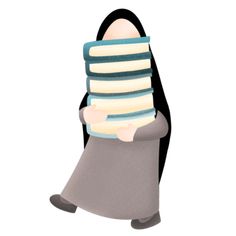 a woman carrying stacks of books on her back with one arm wrapped around the other