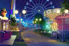 an amusement park at night with ferris wheel in the distance and lights on all sides