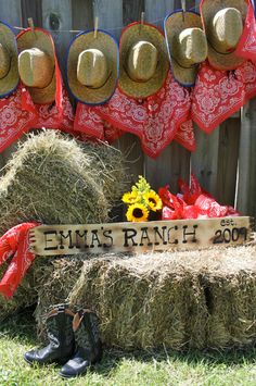 hay bales and hats are arranged in front of a fence with the name elvis ranch on it