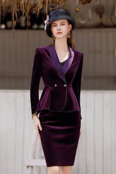 Please Note : Product colour may vary due to the lighting on the image. The Meliora Midnight Mardi Gras Velvet Skirt Suit is the perfect choice for a formal evening affair. This luxurious skirt suit is fashioned from a rich and sumptuous velvet fabric and features a stunning purple hue. The satin lapel lends a modern touch to the classic look. Make a stylish statement in this timeless piece. Model is wearing UK size 8, EU 36, US and Canada 4. Materials: 95% Polyester Spandex 5% Lining: 100% Poly Women's Business Suits, Formal Suits For Women, Purple Suits, Business Suits, Womens Suits Business, Velvet Suit, Velvet Coat, Purple Outfits, Purple Skirt