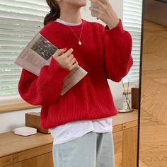 Material : Viscose Design: Knit Neckline: O-neck Elasticity: Medium stretch Style : Vintage Aesthetic Size (cm) Bust Sleeve Length One Size 112 48 60 Size (inch) Bust Sleeve Length One Size 44.09 18.89 23.62 Yarn Sweater Outfit, Red Pullover Outfit For Women, Vintage Pullover Outfit, Vintage Outfits Autumn, Red Off The Shoulder Sweater, Red Knitted Sweater Outfit, Red Knit Outfit, Red Sweater Outfit Casual, Red Knit Sweater Outfit