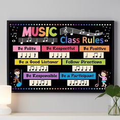 there is a music class rules poster on the wall