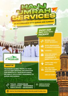 an advertisement for the hajjra and umnah services in arabic with people walking around