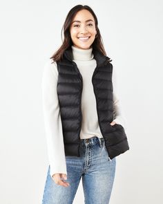 This snug and comfy Lightweight Down Puffer Vest is made with 650-fill certified responsible down. Featuring a stretchy armhole and hem to help seal in warmth, it also has pockets to carry any other winter accessories. Black Zip Up Hoodies, Christmas Jacket, Womens Puffer Vest, Black Puffer Vest, Winter Vest, Chore Jacket, Black Puffer, Black Vest, Black Zip Ups