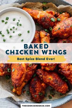 baked chicken wings in a bowl with ranch dressing