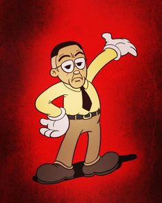 the cartoon character is pointing his finger at something in front of him on a red background