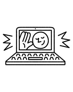 a black and white line drawing of a laptop with an emoticive face on the screen