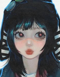 a drawing of a woman with black hair and red eyes