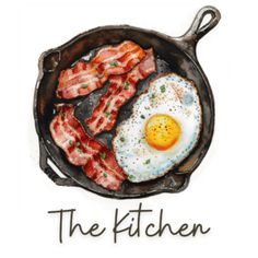 an egg and bacon in a frying pan with the words the kitchen on it