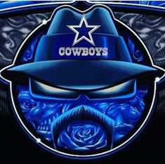 the cowboy's hat is blue and has a star on it, with an image of a rose in the center