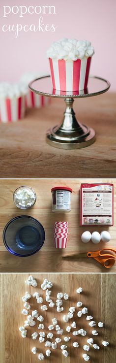 popcorn cupcakes on a cake stand with other ingredients