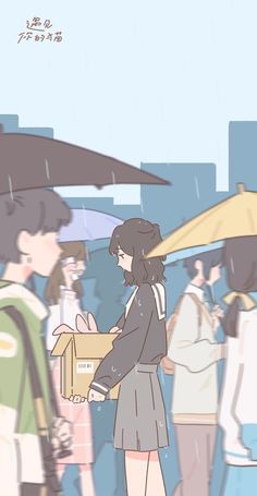 a woman standing under an umbrella in the rain with a box on her shoulder and other people behind her