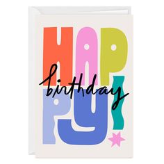 a birthday card with the words happy birthday written in bold, multicolored letters