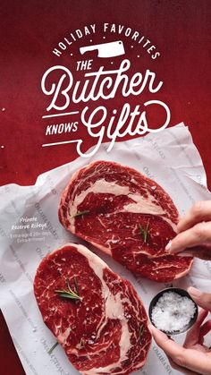 two raw meats are being held in front of each other with the words butcher knows written on them