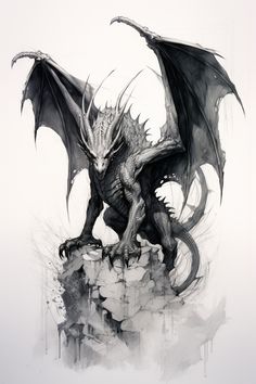 a black and white drawing of a dragon sitting on top of a pile of rocks