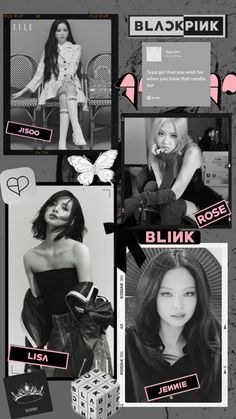 black and white photos with pink accents on them, including the words blkk