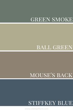 Farrow & Ball Green Smoke, Ball Green, Mouse's Back Stiffkey Blue Farrow Ball Blue, Farrow Ball Green, Stiffkey Blue, Green Lounge, Best White Paint, House Color Palettes, Farrow And Ball Paint, Benjamin Moore Colors, Green Paint Colors