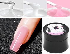 Clear/pink nail building gel in the black container.  Price for 1 jar, 15ml/30 volume Come with a 10 pcs extension sticker for free. How to use Poly Builder gel? method 1: 1. File the nail surface lightly 2. Apply a very thin layer of Bonder or Natural Nail Primer if needed 3. Apply Builder Gel and cure for 3 minutes. Apply additional coats if desired 4. Place the nails under the UV light for a full 3 minutes to completely cure the gel 5. Apply a second coating of gel and cure for 3 minutes 6.Clean the nails with a lint-free nail wipe saturated with the cleanser to remove the sticky uncured layer. method 2: 1. File the nail surface lightly 2. Apply a very thin layer of base coat, and cure it under UV/LED lamp. 3. Select a suitable shape & size false nail tip. 4. Apply Poly Nail Gel on nail Nail Art Coffin, Poly Nail Gel, Fast Nail, Nail Primer, Poly Gel, Studded Nails, Uv Gel Nail Polish, Beauty Make-up, Gel Extensions