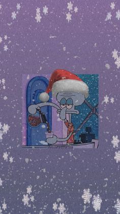 a cartoon character with a santa hat on in front of snowflakes and stars