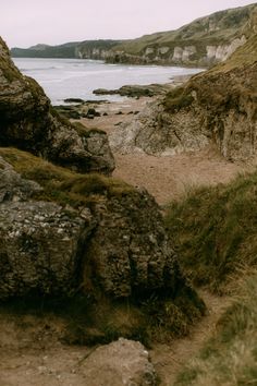 an image of a rocky area with water in the background and grass on the ground