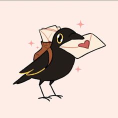 a bird with an envelope in its beak and stars on it's back ground