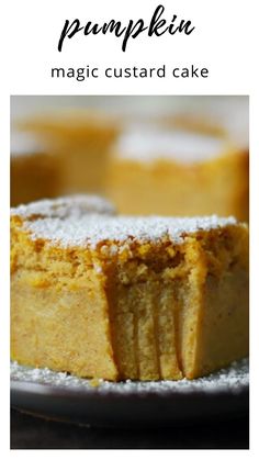 pumpkin magic custard cake on a plate with powdered sugar and text overlay