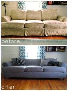 before and after pictures of a couch in the living room