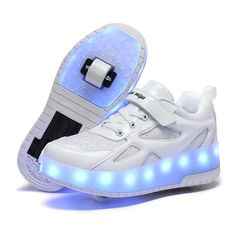 a pair of white shoes with blue lights on the bottom and one shoelace attached to it