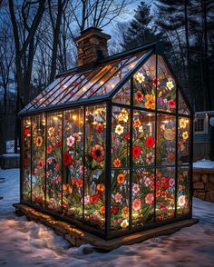 a glass house with flowers painted on it's side and lights in the windows