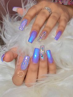 Essence Nails, Purple Glitter Nails, Purple Acrylic Nails, Her Nails, Dope Nail Designs, Nails Colors, Glow Nails, Sparkle Nails, Nails Spring