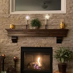 a fire place in a living room with candles on the mantle and potted plants