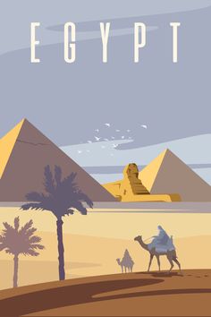 an egyptian desert scene with camels and pyramids