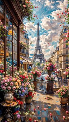 a painting of the eiffel tower in paris with flowers and potted plants