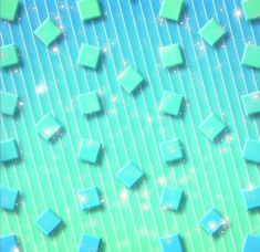 blue and green squares are floating in the air on top of a striped wallpaper