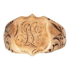 This is part of Chairish’s Fine Jewelry assortment.  Lovely antique Victorian shield signet ring (circa 1880s to 1900s), crafted in 14 karat rose gold.   From what we can decipher, the centre shield is engraved with the initials "SL".   The side shoulders feature a pretty scrolling design that terminates to the shield mount. The saddle of the ring is low and curves to the shape of the finger.     The ring is in good condition with patina and wear evident. We have not cleaned the ring in order to Vintage Fine Jewelry, Gold Signet Ring, The Shield, Rich Girl, Antique Victorian, Gold Gold, Signet Ring, Art Vintage, Antique Gold