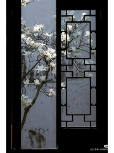 a tree with white flowers is in front of a window that has glass panels on it