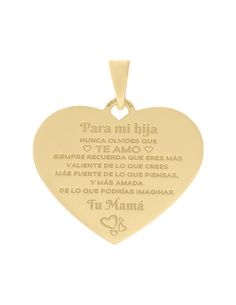 a gold heart shaped pendant with the names of two people in spanish and english on it