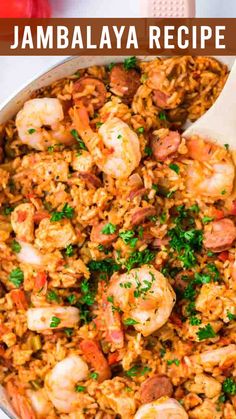 a bowl filled with shrimp and rice, garnished with parsley on the side