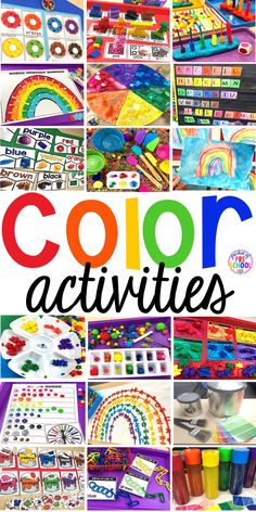 the words color activities are shown in this collage with images of rainbows and crayons