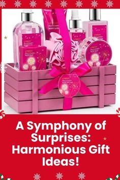 a pink gift box filled with personal care items and the words, a symphony of surprises harmonious gift ideas