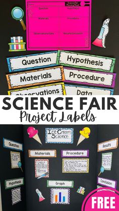 the science fair project labels are displayed on a blackboard with pink and green accents