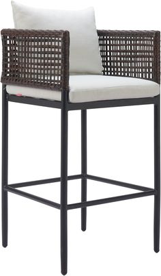 an outdoor bar stool with white cushions and black frame, in front of a white background